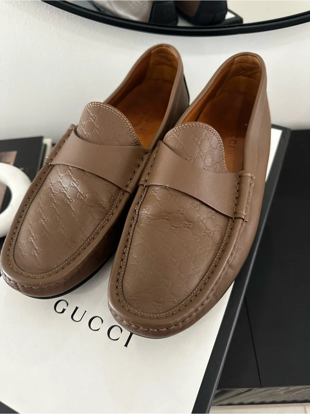 Gucci Brown Leather Embossed Penny Loafers